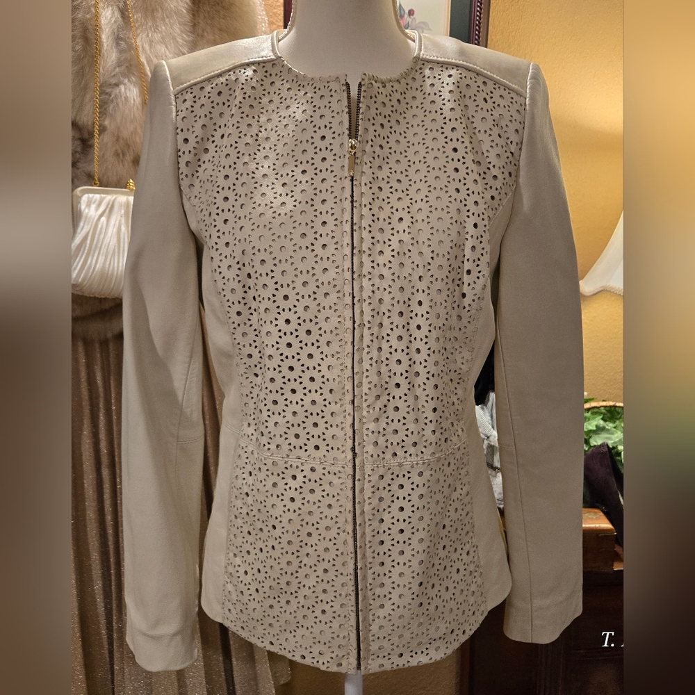Isaac Mizrahi Beige Laser-Cut Leather Women's Jacket
